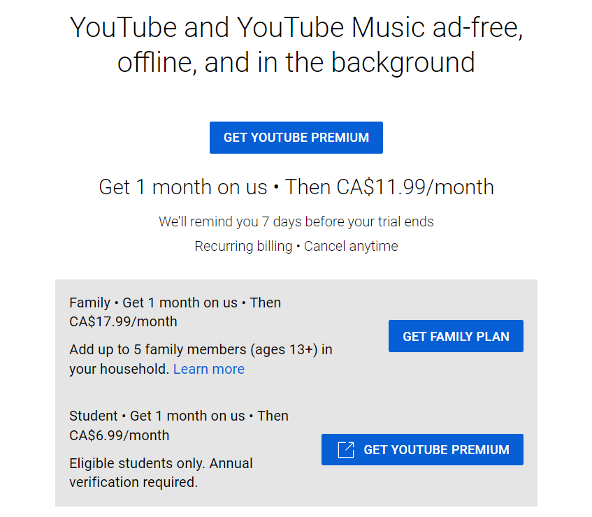 YouTube flat-rate billing subscription discounted rates